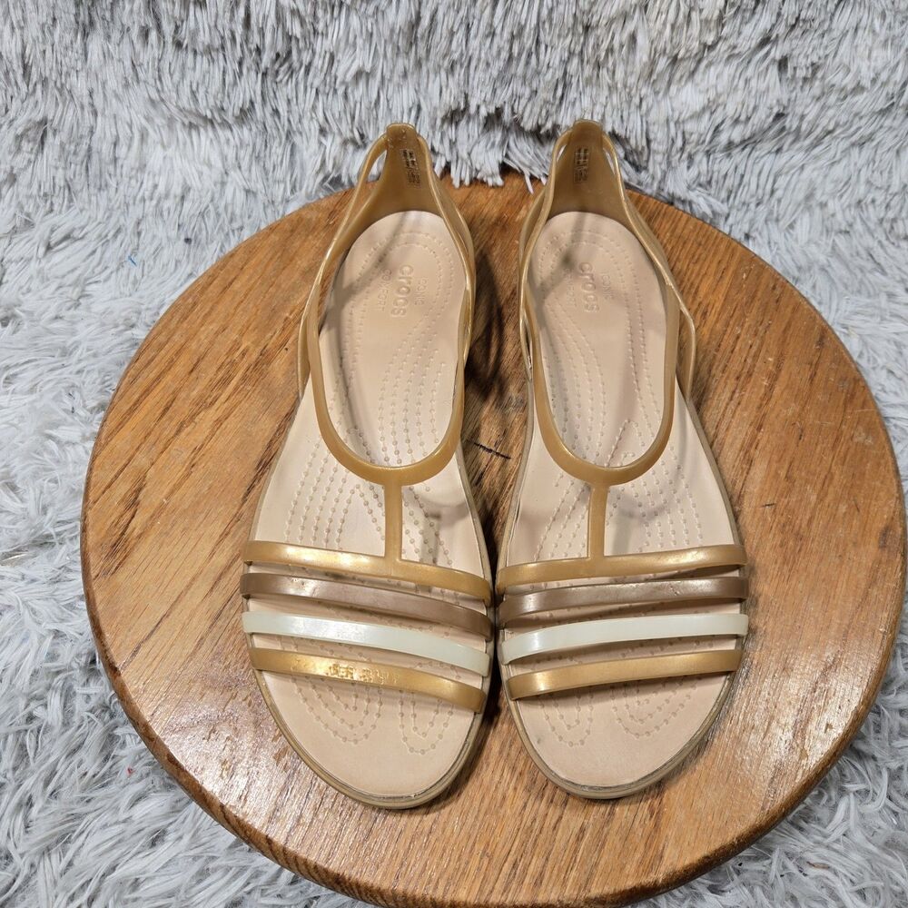 Crocs Isabella Womens Size 11 T-Strap Bronze Gold Glitter Strappy Flat Sandals